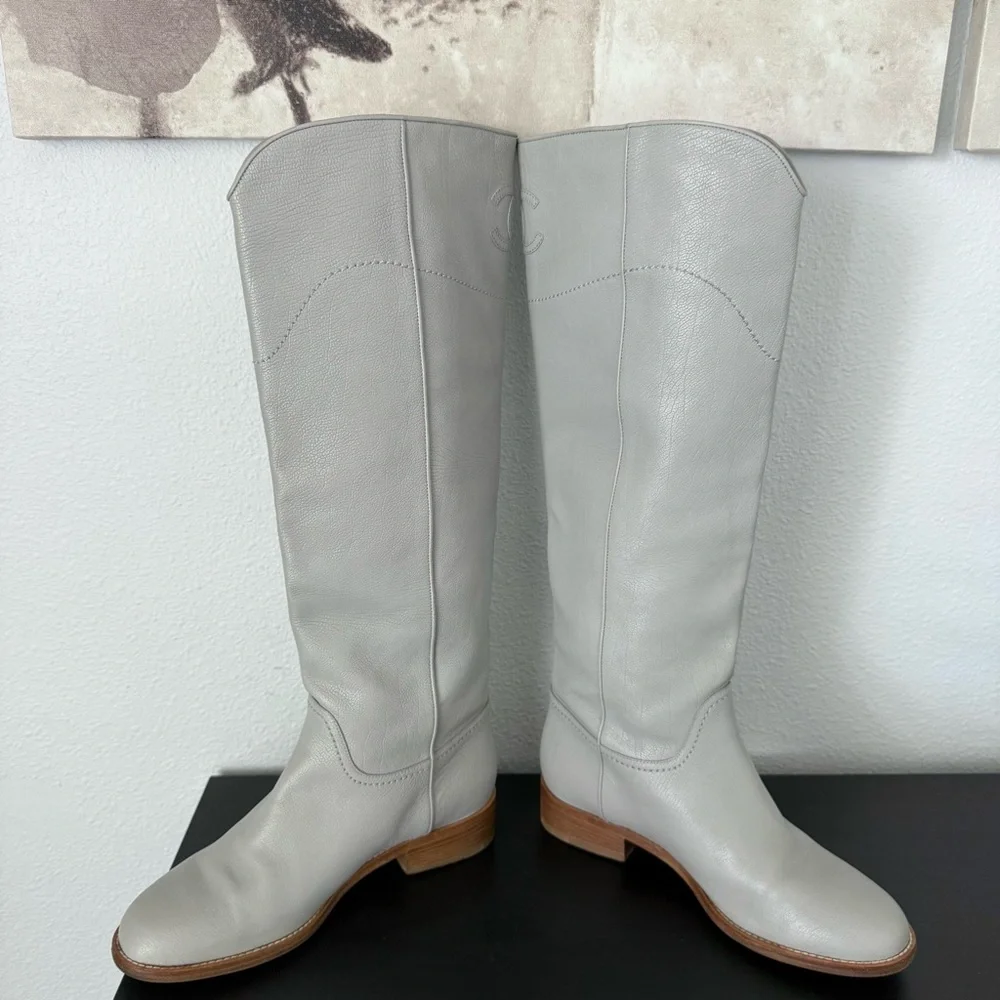 CHANEL Ascot Calfskin Leather Knee High CC Logo Riding Boots